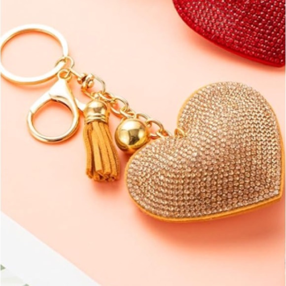 purse charm Accessories - Gold rhinestone Heart purse/bag charm Keychain with Tassel